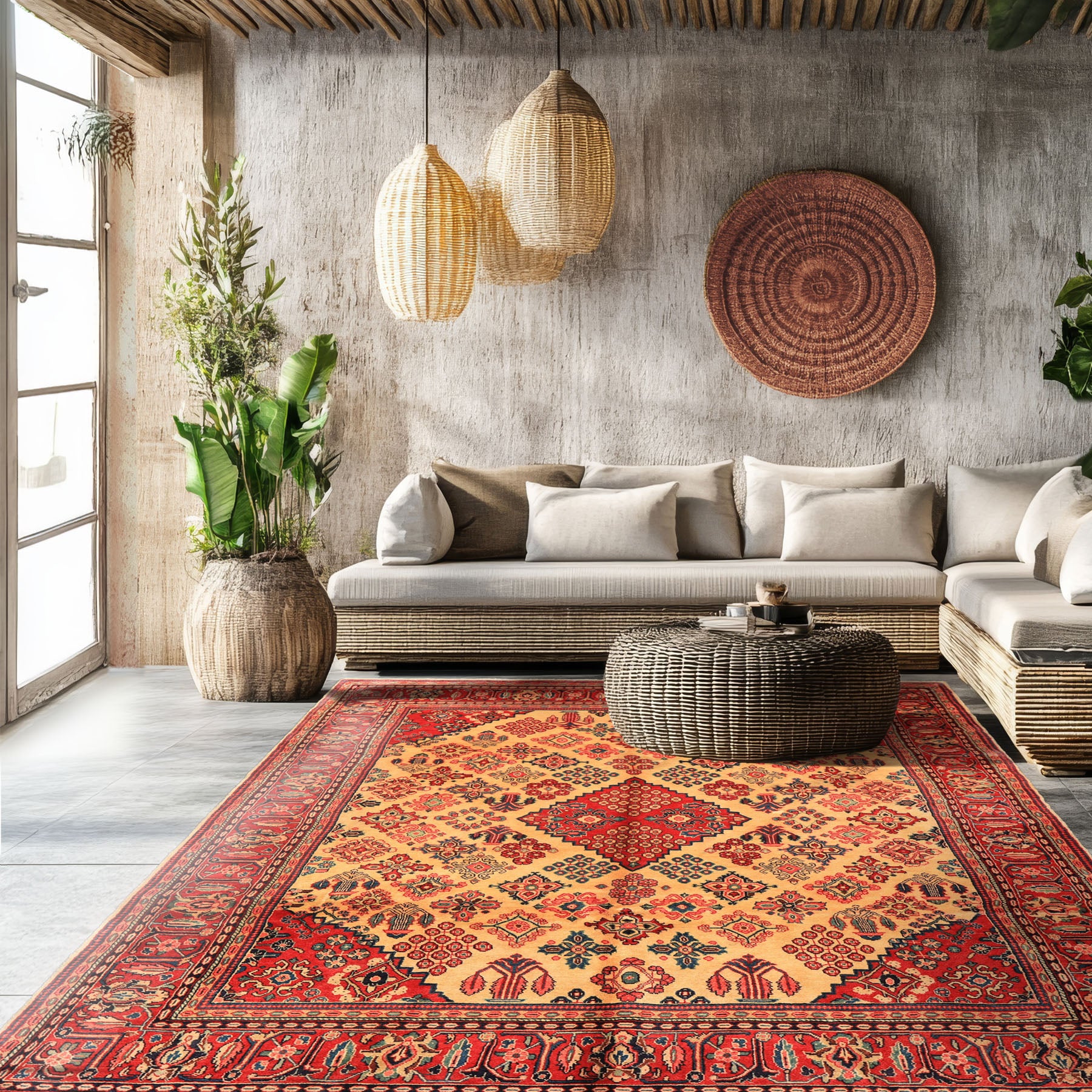 7x10 Light Gold, Ivory, Red Color Hand Knotted Meimeh Wool Traditional Oriental Rug
