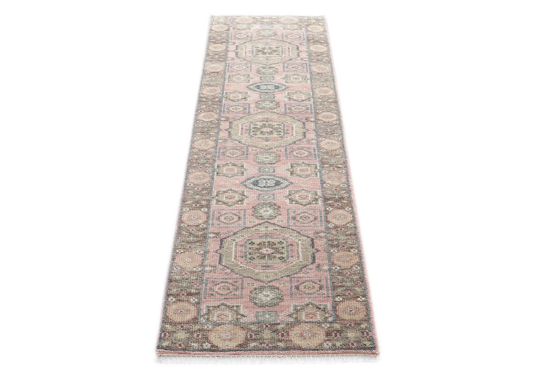 2'6x10 Blush, Gray, Ivory Color Hand Knotted Oushak Wool Transitional Oriental Rug