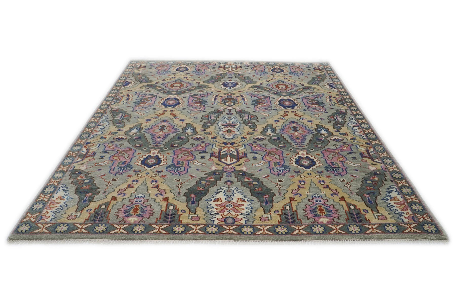 9x12 Gray, Tan, Rose Color Hand Knotted Oushak Wool  Oriental Rug