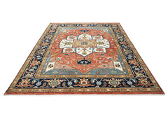 9x12 Burnt Orange, Ivory, Navy Color Hand Knotted Oushak Wool  Oriental Rug
