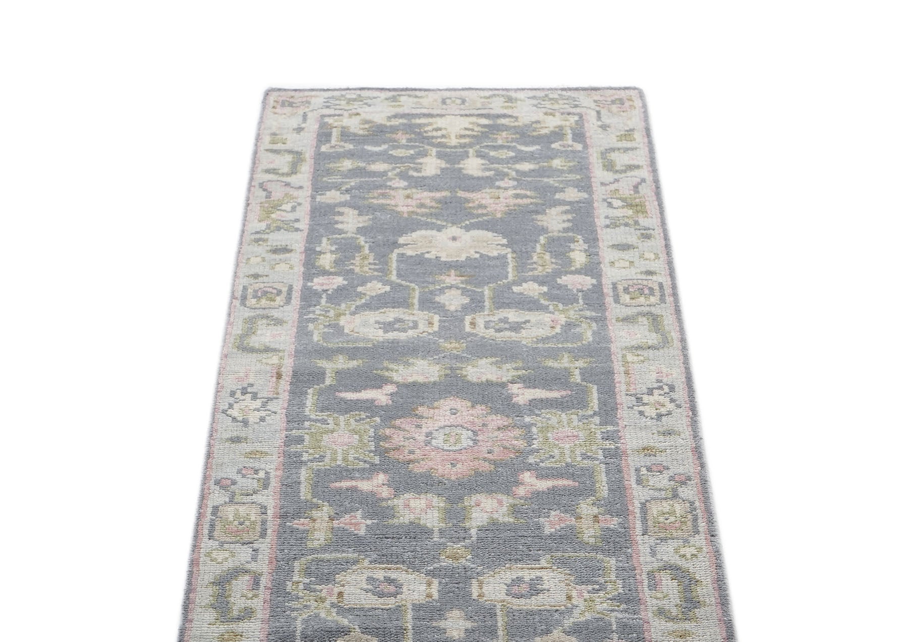 2'6x10 Slate, Gray, Sage Color Hand Knotted Oushak Wool Transitional Oriental Rug