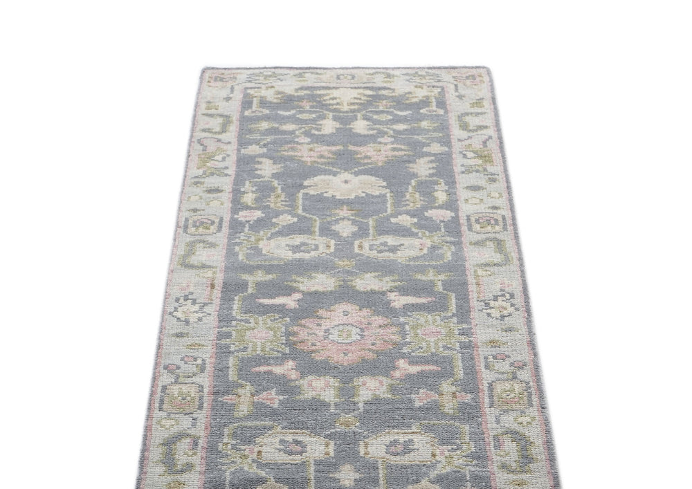 2'6x10 Slate, Gray, Sage Color Hand Knotted Oushak Wool Transitional Oriental Rug