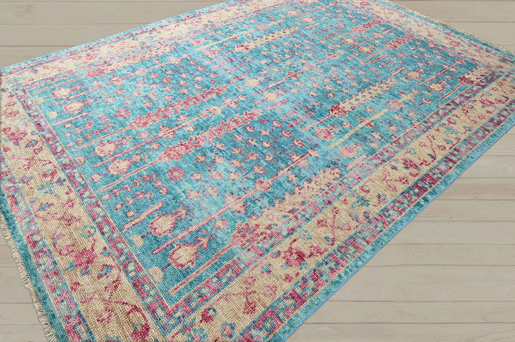 Multi Size Turquoise Light Gold Rose Color Hand Knotted Indo Oushak Wool Traditional Oriental Rug