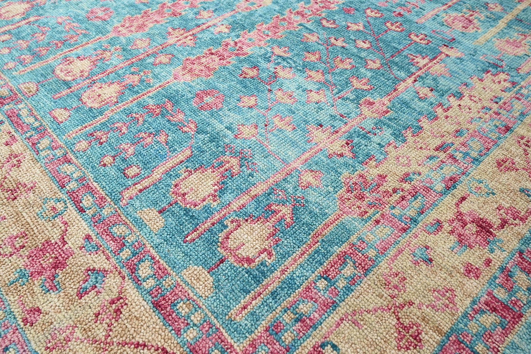 Multi Size Turquoise Light Gold Rose Color Hand Knotted Indo Oushak Wool Traditional Oriental Rug