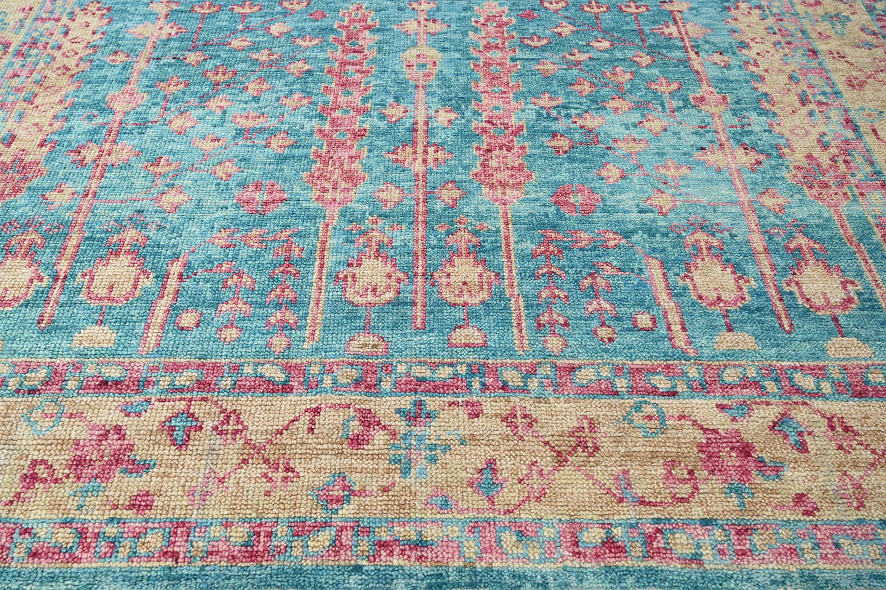 Multi Size Turquoise Light Gold Rose Color Hand Knotted Indo Oushak Wool Traditional Oriental Rug