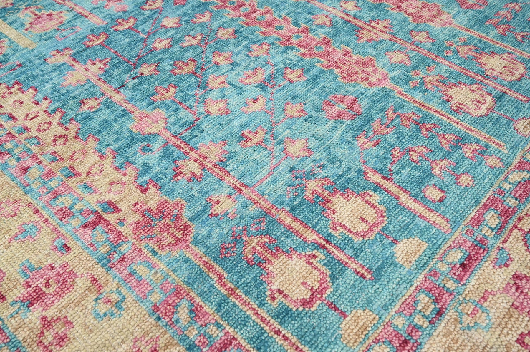 Multi Size Turquoise Light Gold Rose Color Hand Knotted Indo Oushak Wool Traditional Oriental Rug