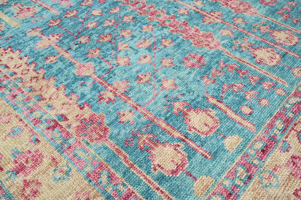 Multi Size Turquoise Light Gold Rose Color Hand Knotted Indo Oushak Wool Traditional Oriental Rug