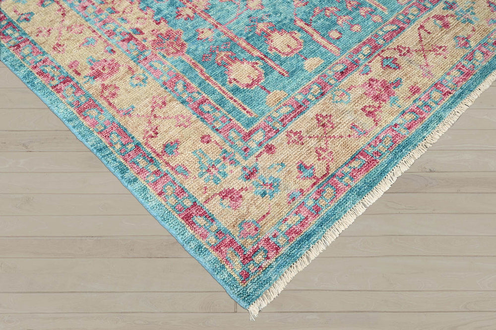 Multi Size Turquoise Light Gold Rose Color Hand Knotted Indo Oushak Wool Traditional Oriental Rug