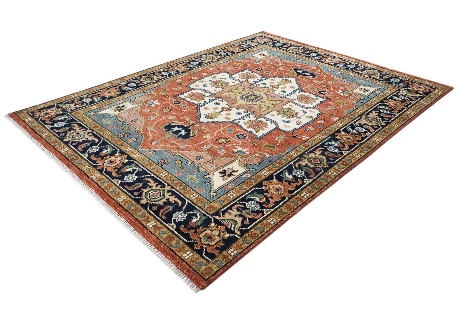 9x12 Burnt Orange, Ivory, Navy Color Hand Knotted Oushak Wool  Oriental Rug