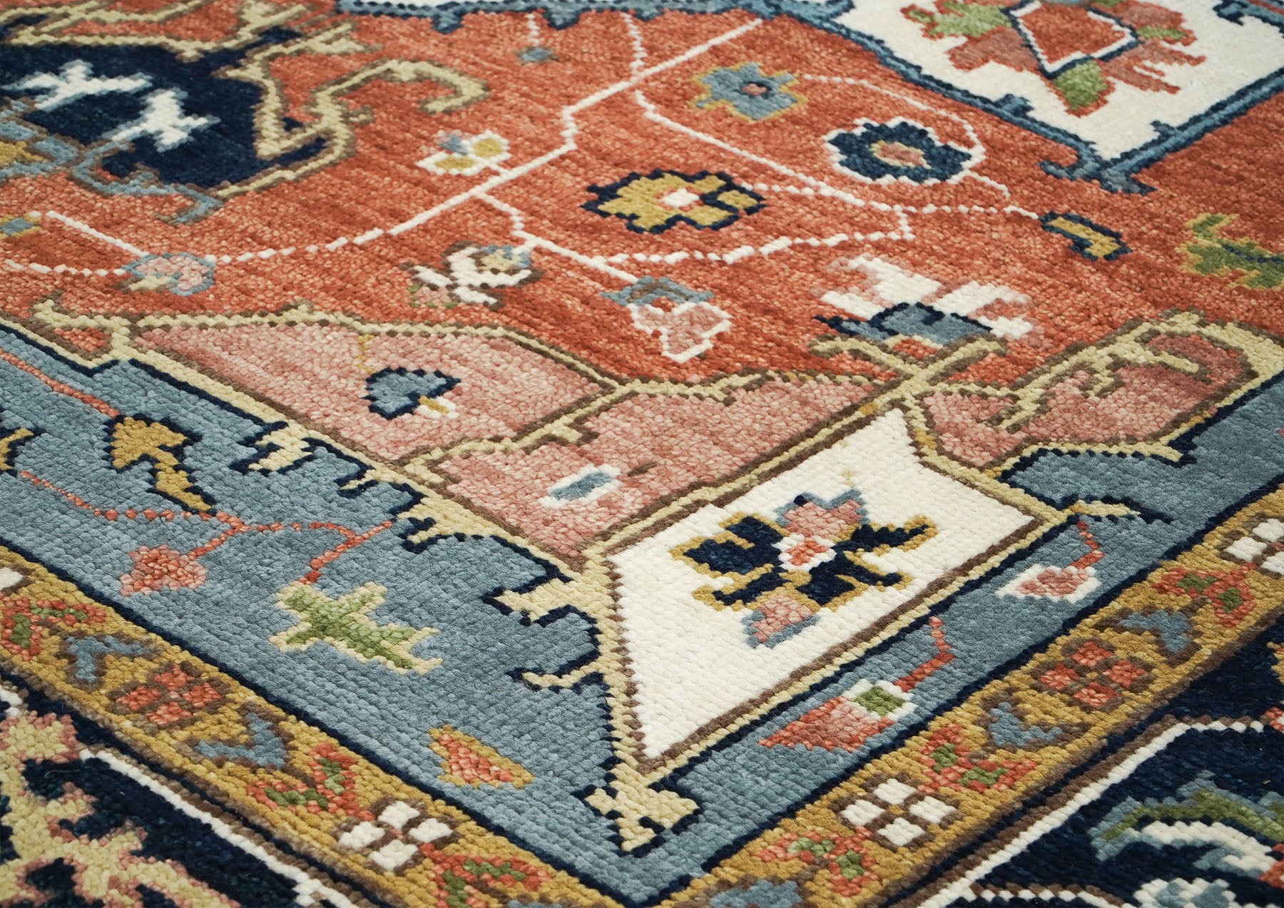 9x12 Burnt Orange, Ivory, Navy Color Hand Knotted Oushak Wool  Oriental Rug