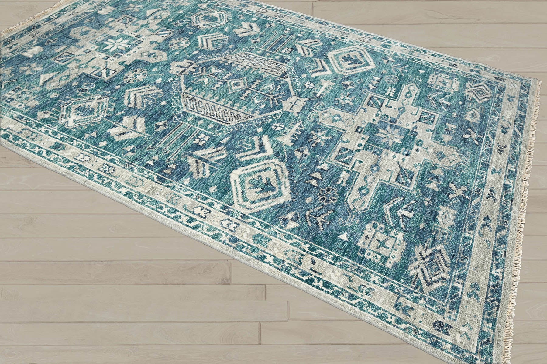 Multi Size Turquoise Gray Beige Color Hand Knotted Indo Oushak Wool Traditional Oriental Rug