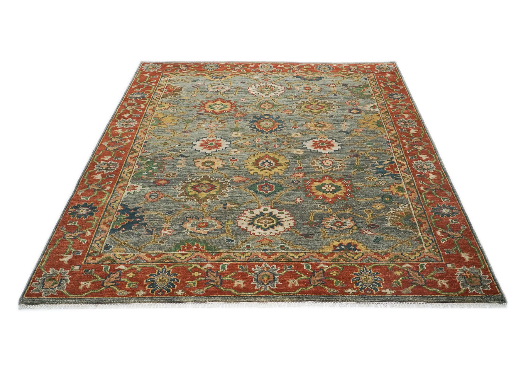 9x12 Blue, Gray, Burnt Orange Color Hand Knotted Oushak Wool  Oriental Rug