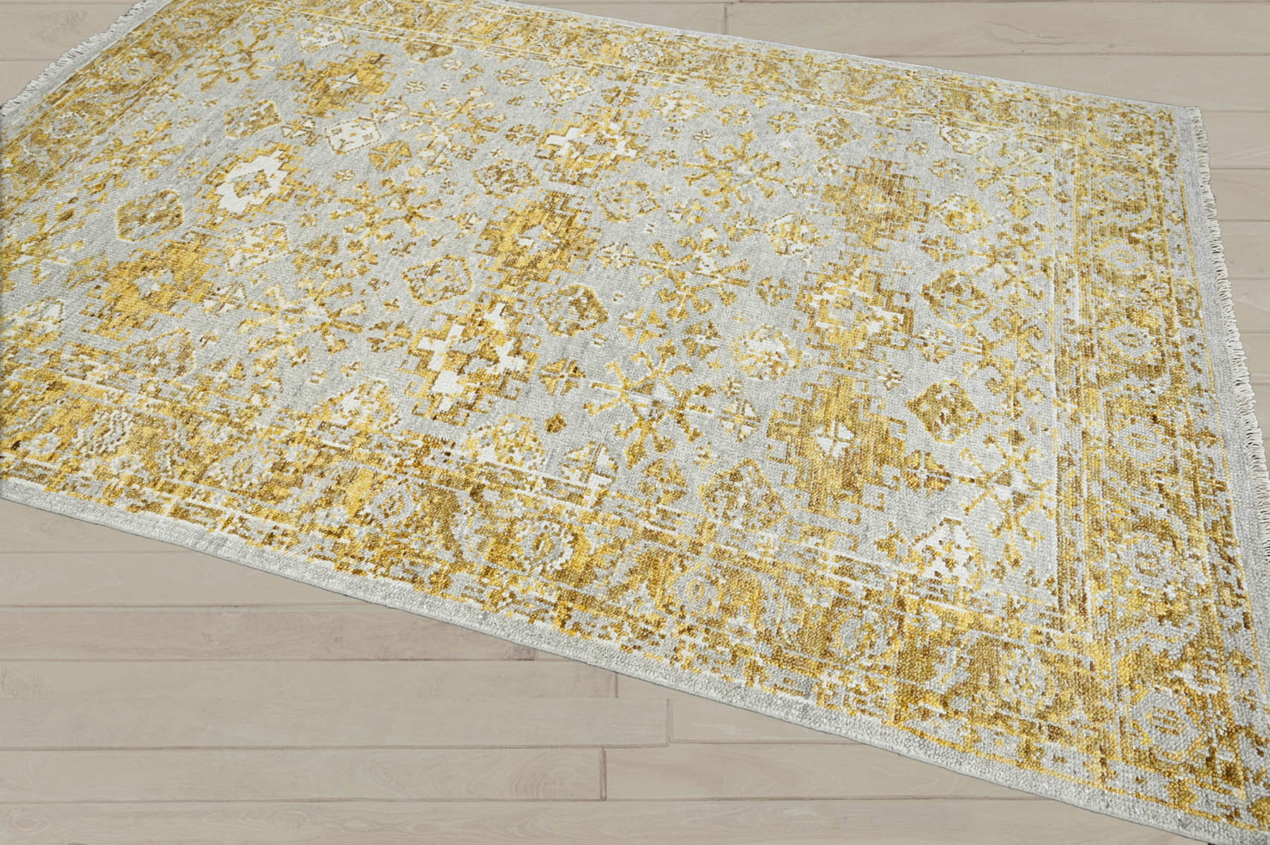 Multi Size Gray Gold Color Hand Knotted Indo Oushak Wool Transitional Oriental Rug