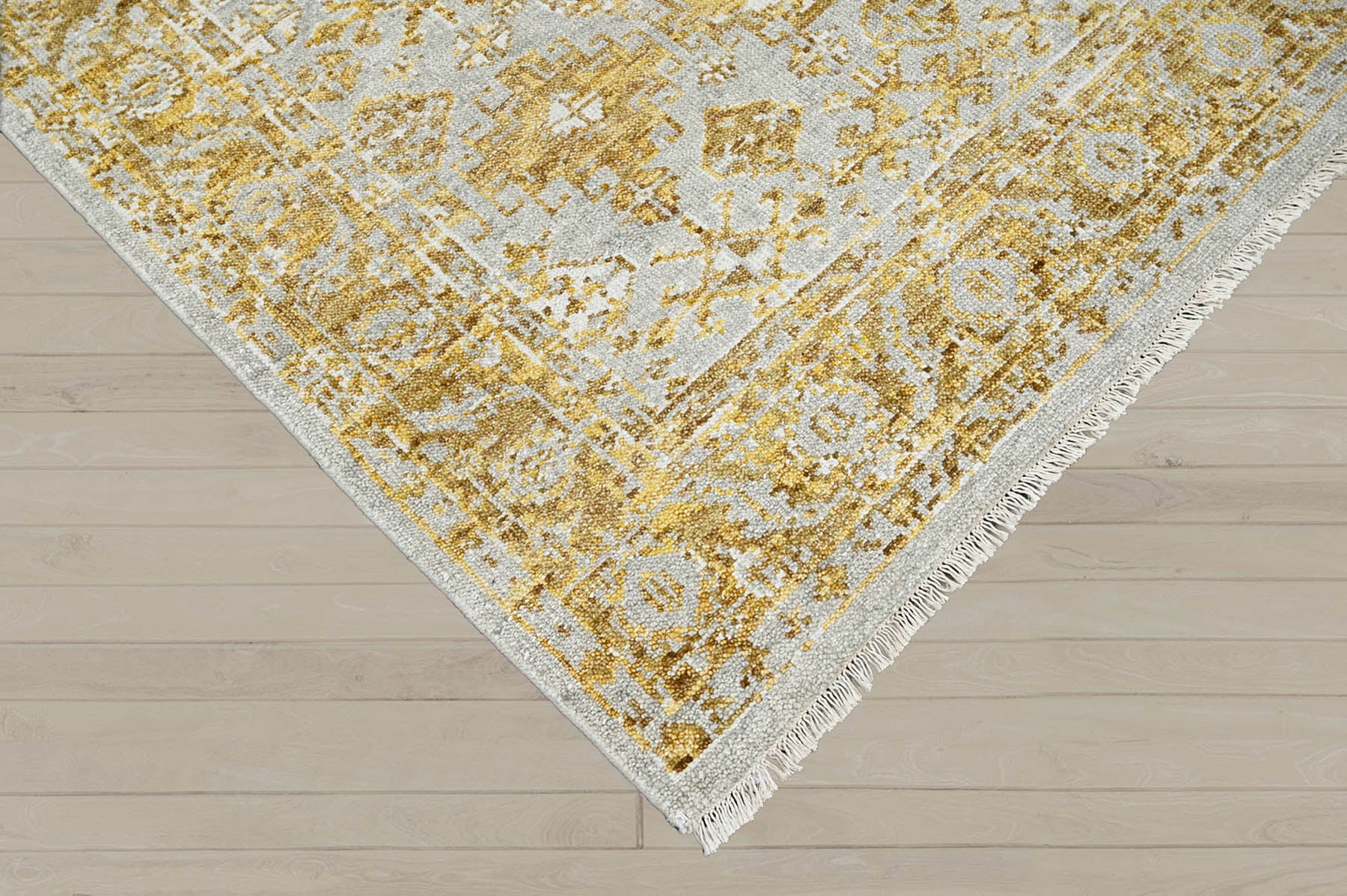 Multi Size Gray Gold Color Hand Knotted Indo Oushak Wool Transitional Oriental Rug