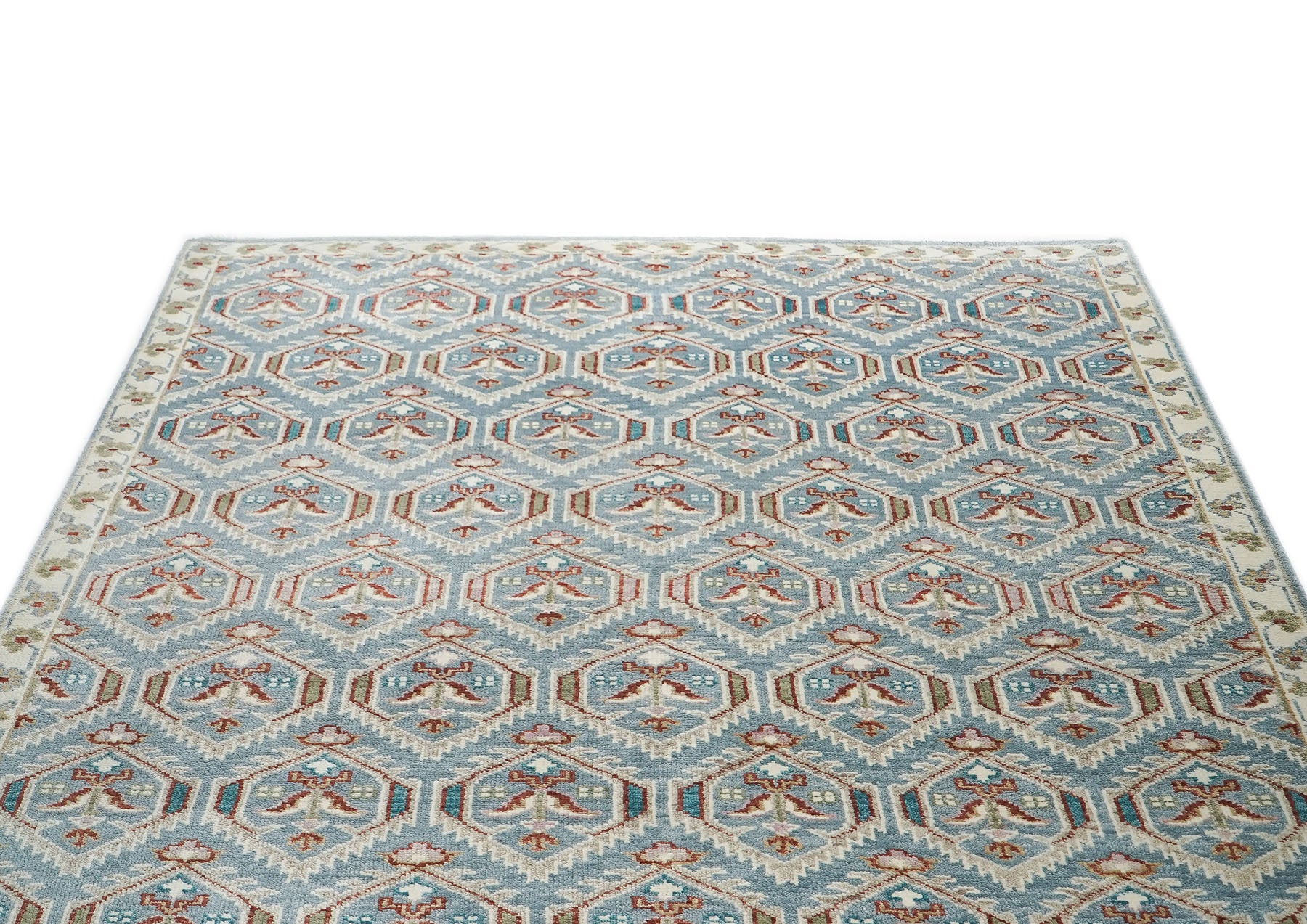 9x12 Blue, Beige, Rust Color Hand Knotted Oushak Wool Transitional Oriental Rug