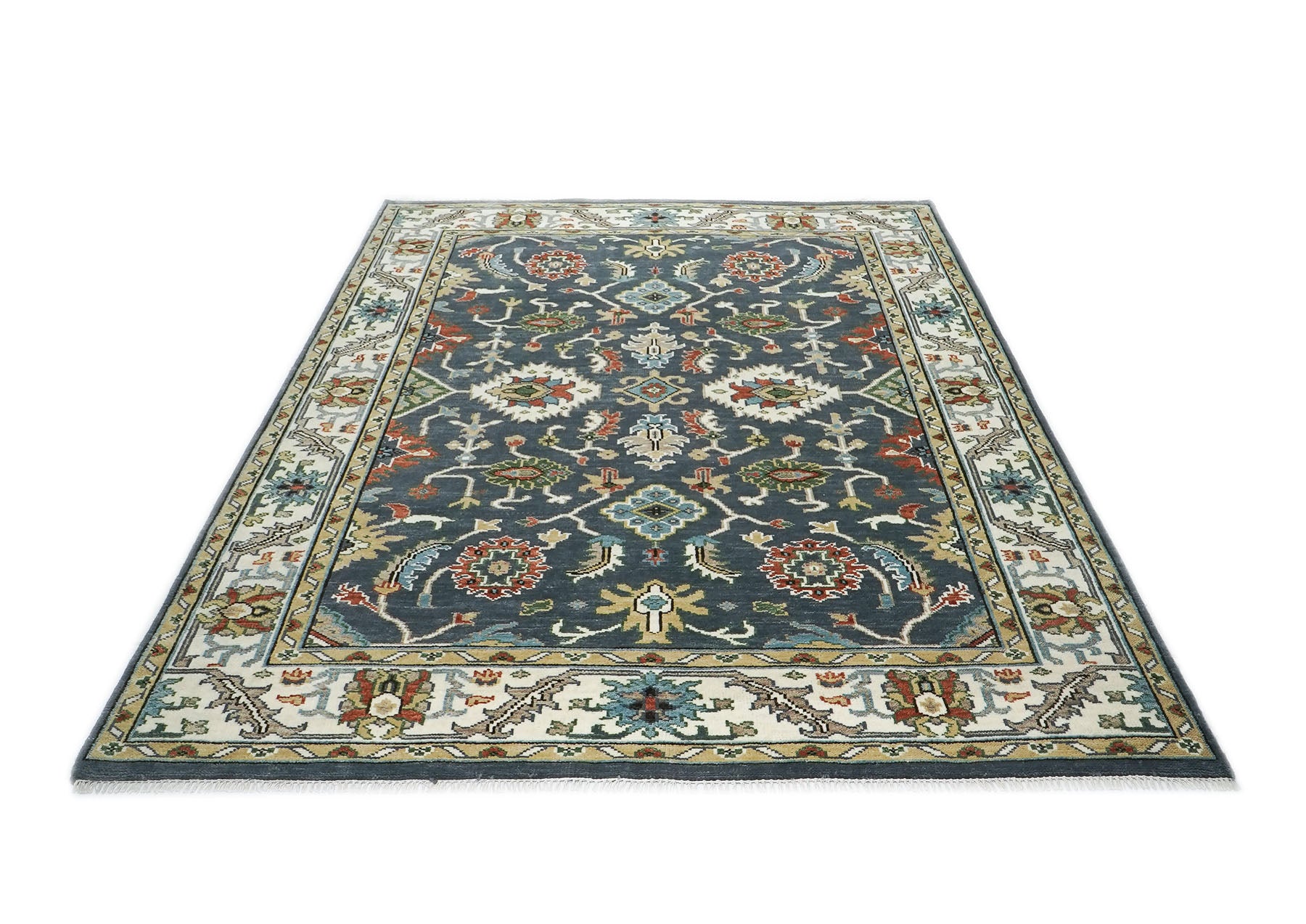 9x12 Blue, Ivory, Green Color Hand Knotted Oushak Wool  Oriental Rug