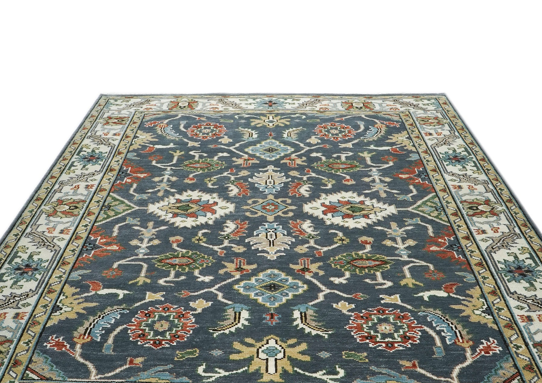 9x12 Blue, Ivory, Green Color Hand Knotted Oushak Wool  Oriental Rug