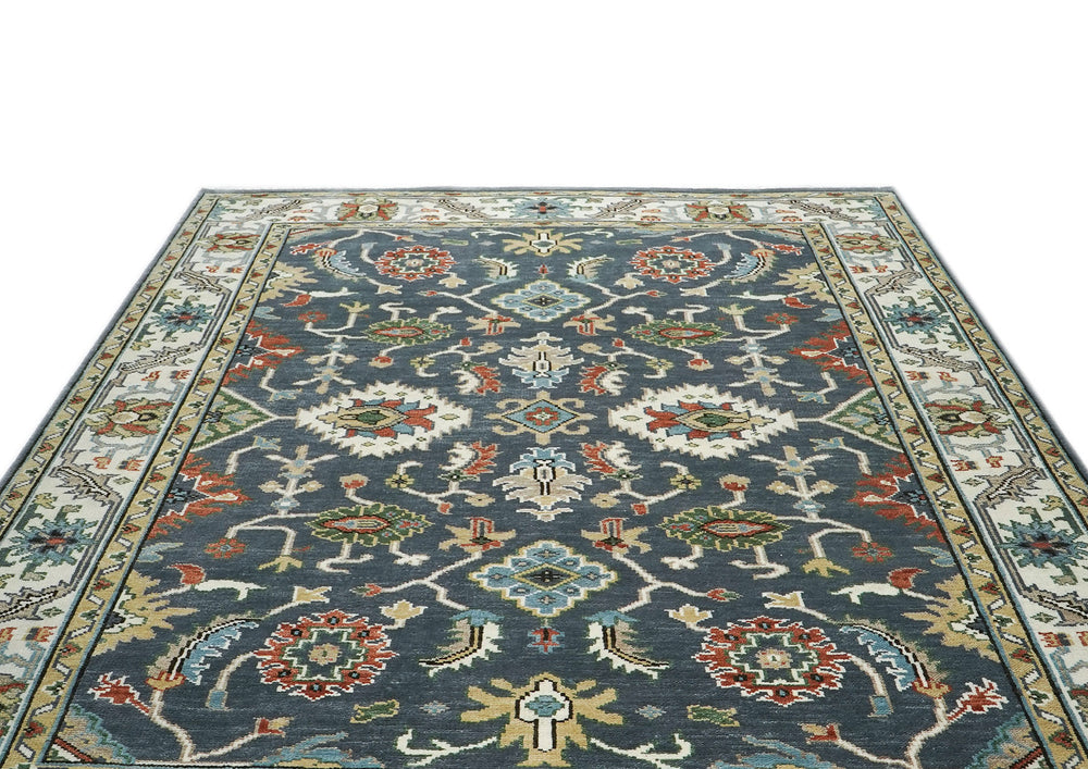 9x12 Blue, Ivory, Green Color Hand Knotted Oushak Wool  Oriental Rug