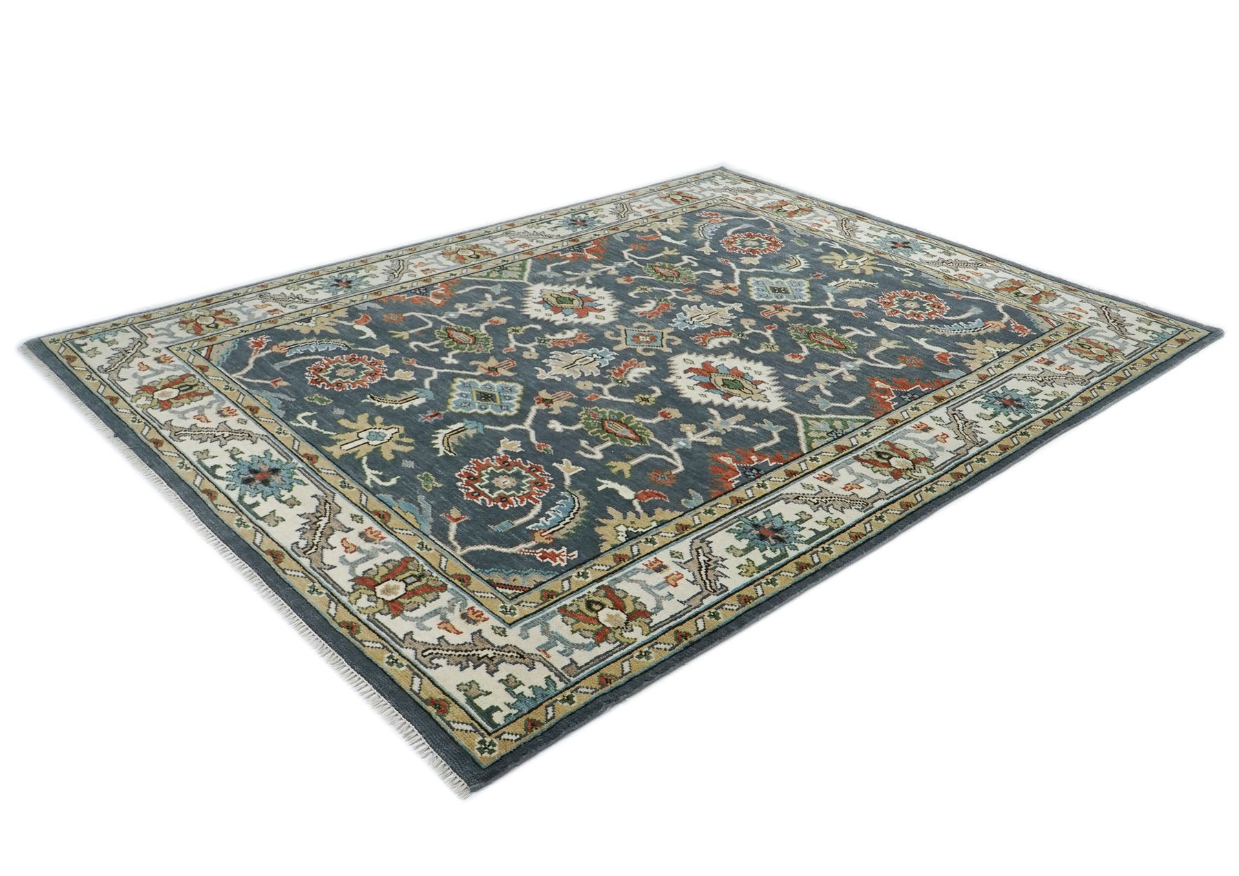 9x12 Blue, Ivory, Green Color Hand Knotted Oushak Wool  Oriental Rug