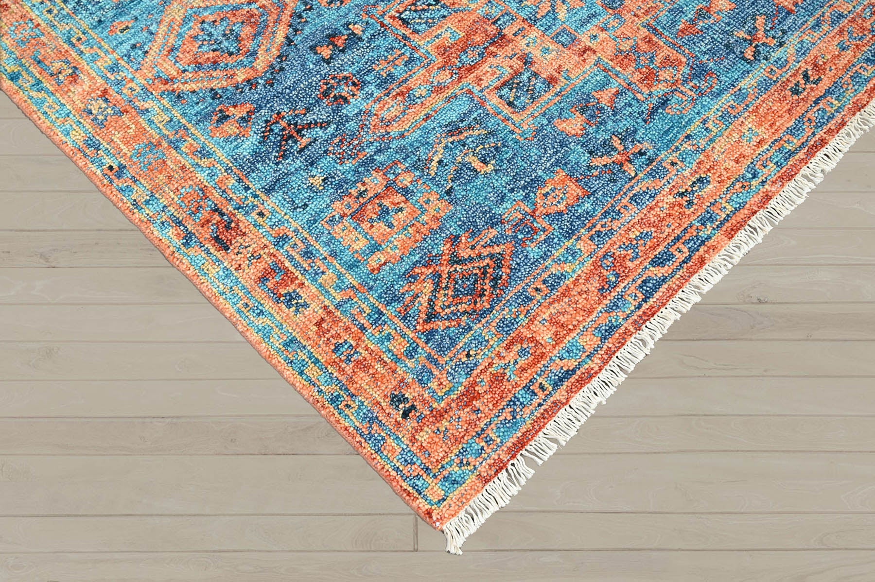 Multi Size Turquoise Burnt Orange Peach Color Hand Knotted Indo Oushak Wool Traditional Oriental Rug