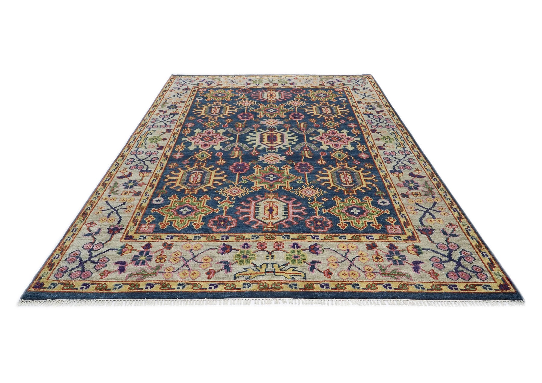 8x10 Navy, Gray, Biege Color Hand Knotted Oushak Wool  Oriental Rug