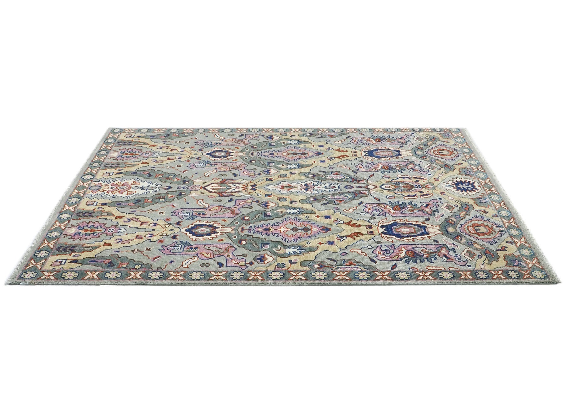 8x10 Gray, Pink, Gold Color Hand Knotted Oushak Wool  Oriental Rug