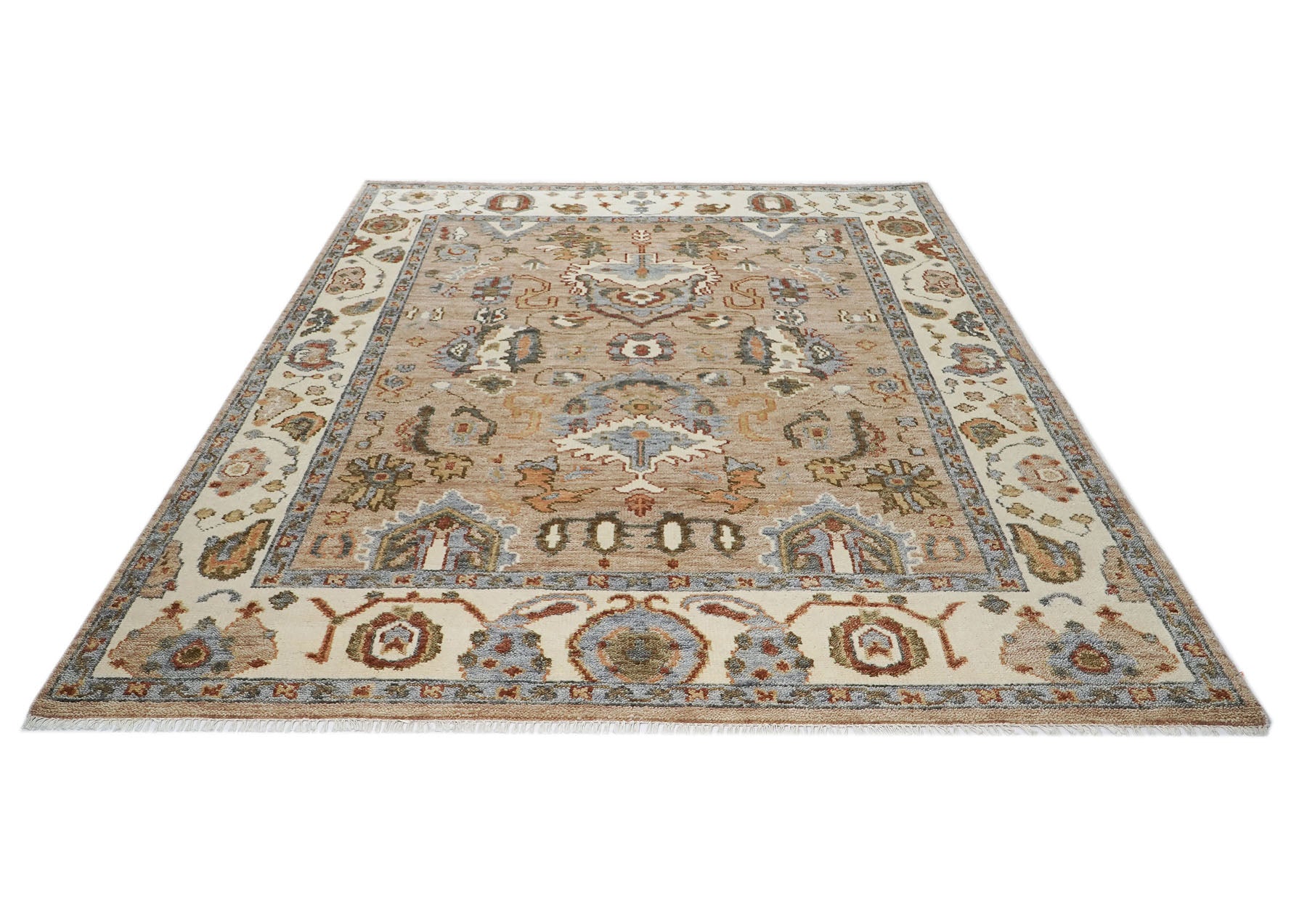 8x10 Mocha, Ivory, Gray Color Hand Knotted Oushak Wool  Oriental Rug