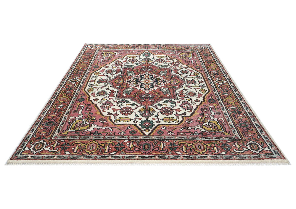 8x10 Pink, Ivory, Gold Color Hand Knotted Heriz Wool Traditional Oriental Rug
