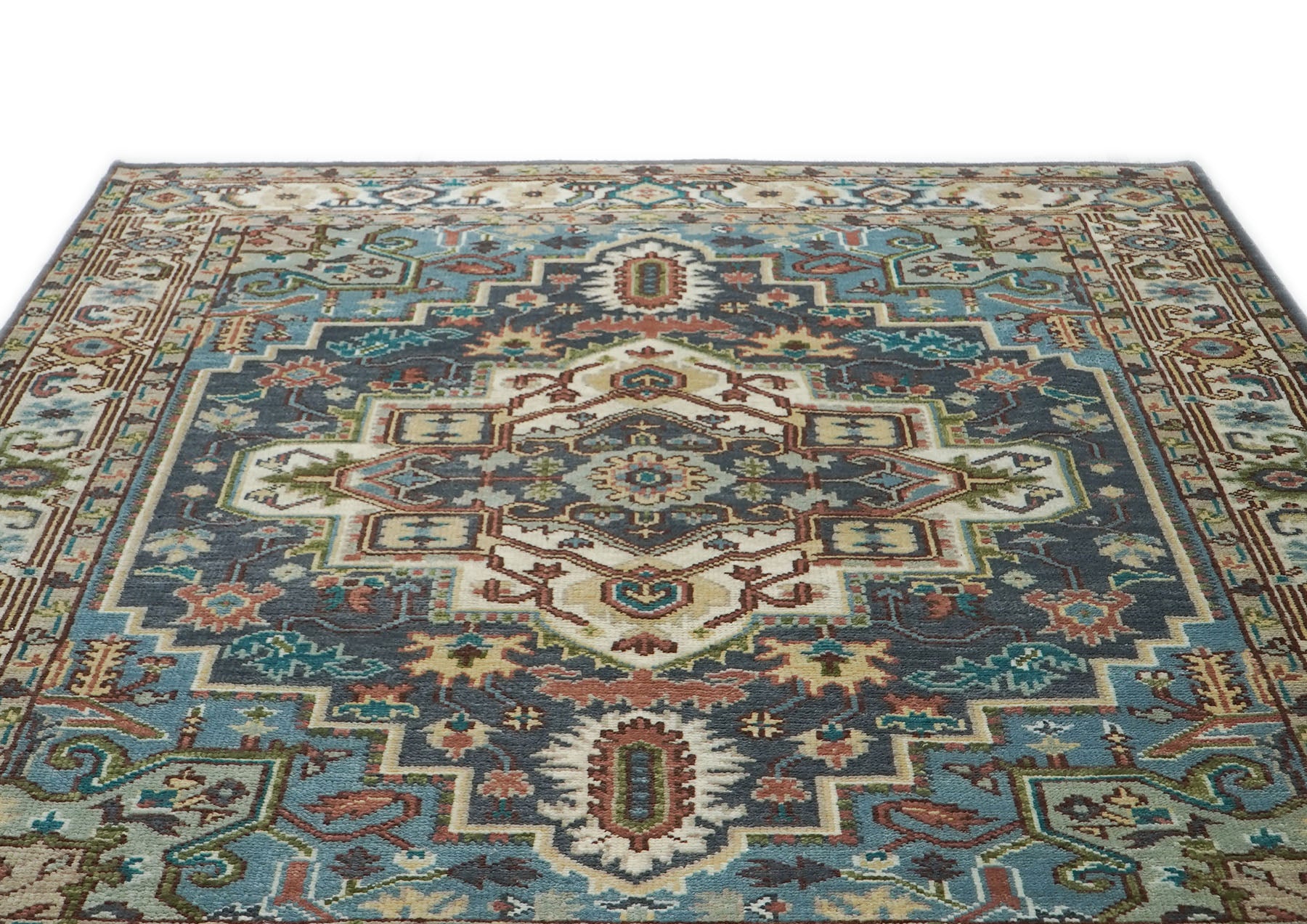 8x10 Teal
, Ivory, Peach
 Color Hand Knotted Oushak Wool Traditional Oriental Rug