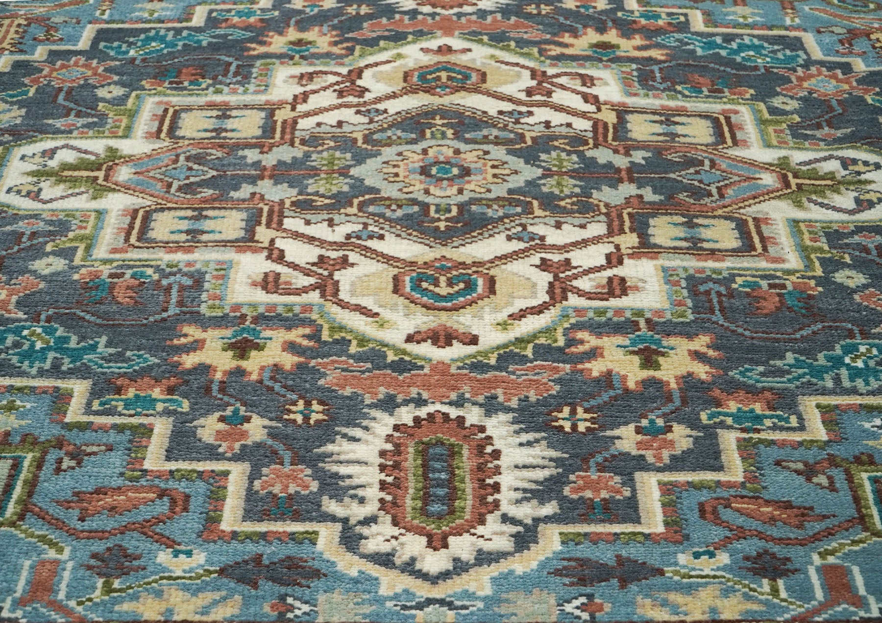 8x10 Teal
, Ivory, Peach
 Color Hand Knotted Oushak Wool Traditional Oriental Rug