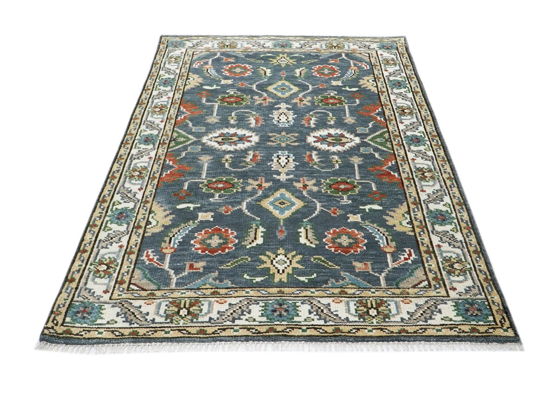 5x8 Slate, Ivory, Burnt Orange Go Color Hand Knotted Oushak Wool  Oriental Rug