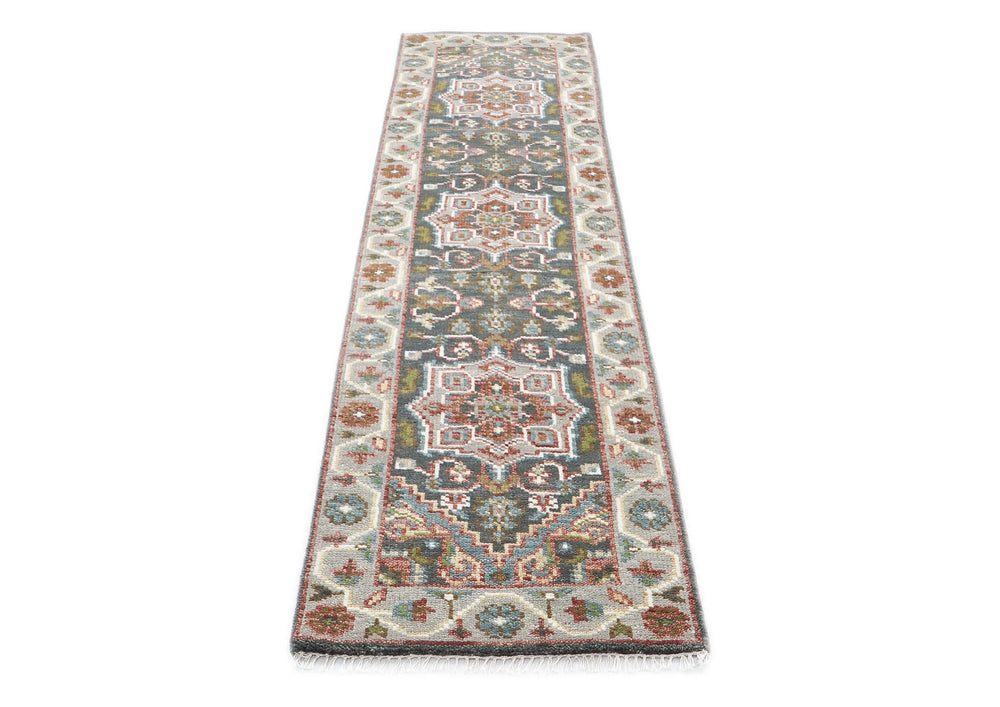 2'6x10 Gray, Slate, Ivory Color Hand Knotted Oushak Wool Transitional Oriental Rug
