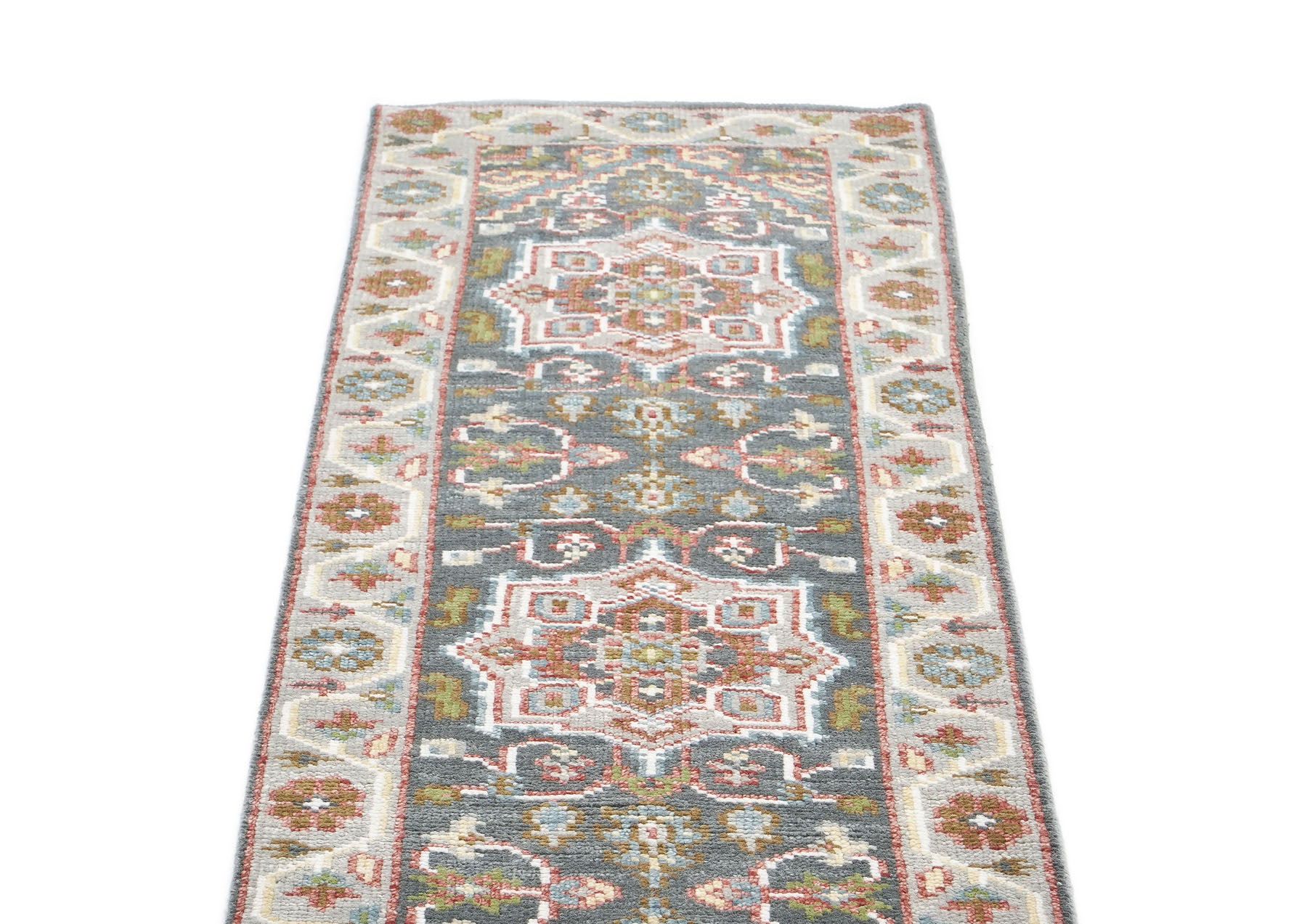 2'6x10 Gray, Slate, Ivory Color Hand Knotted Oushak Wool Transitional Oriental Rug