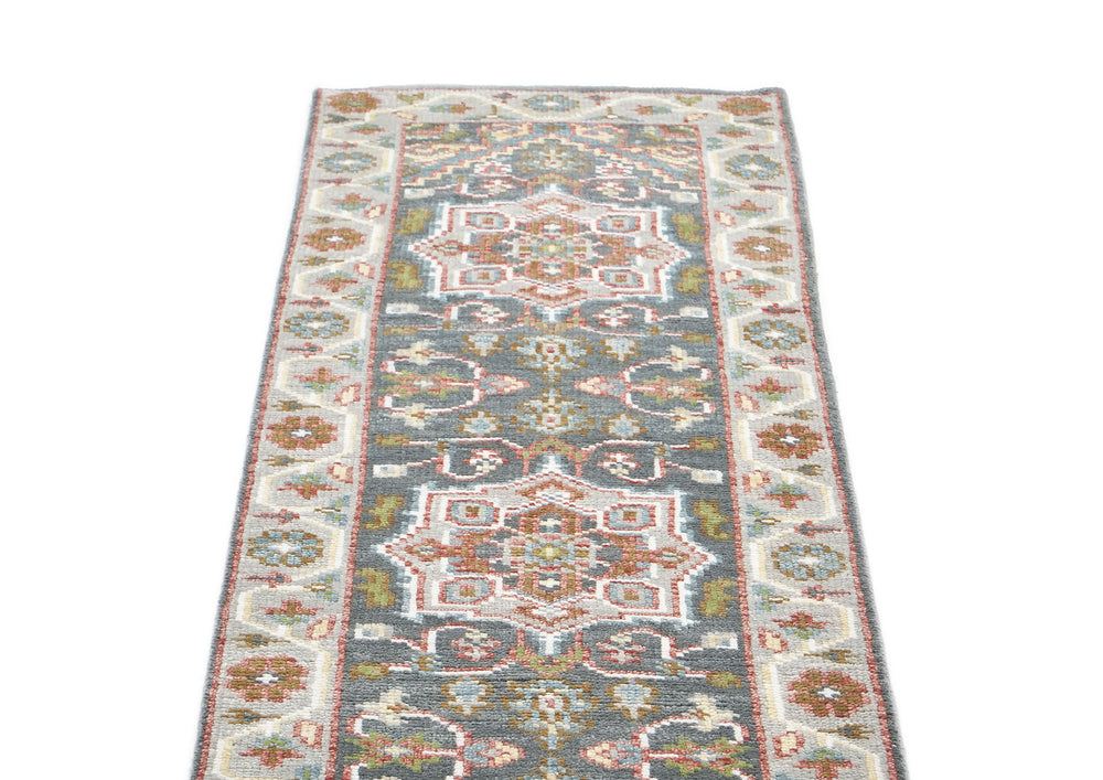 2'6x10 Gray, Slate, Ivory Color Hand Knotted Oushak Wool Transitional Oriental Rug