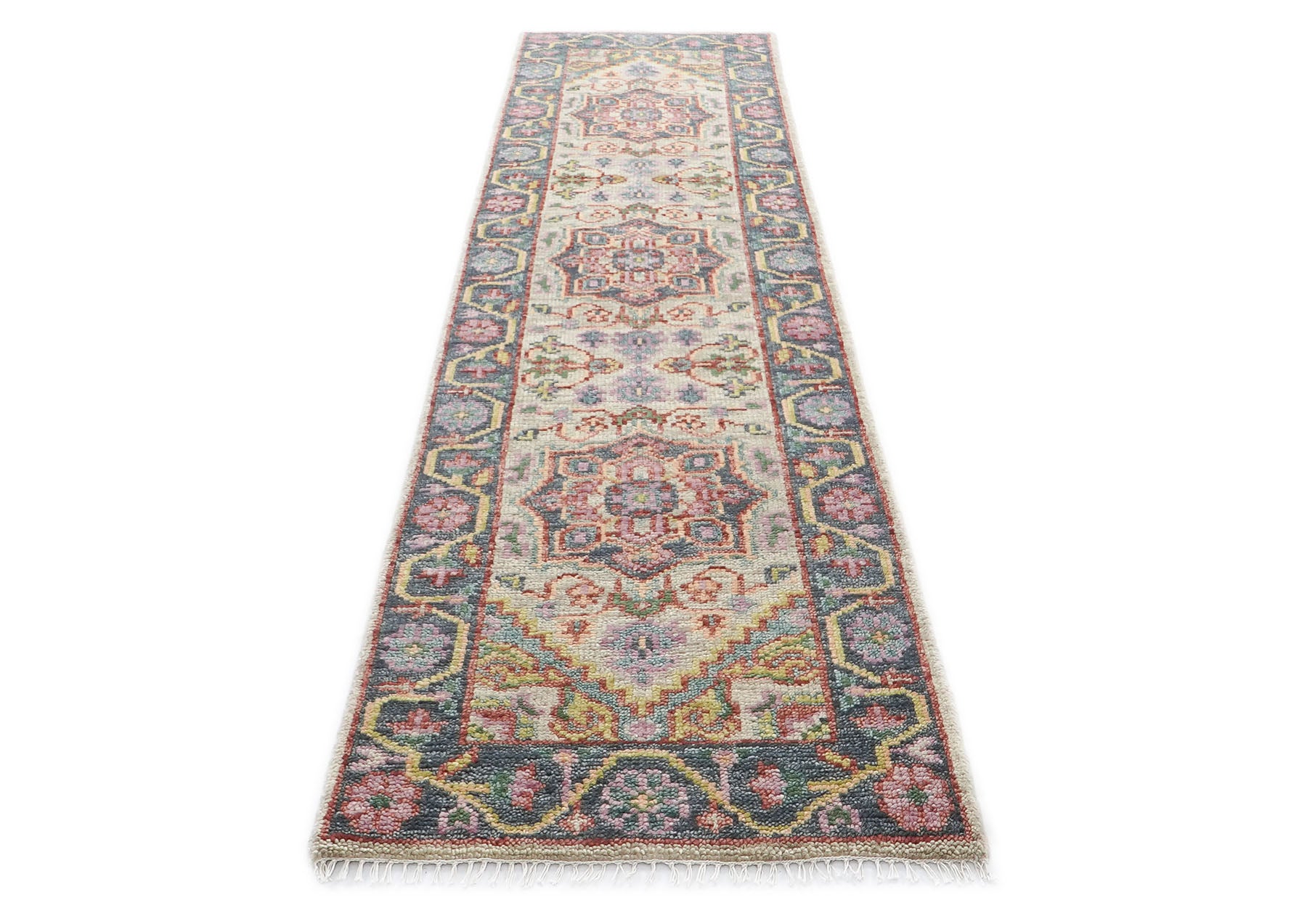 2'6x10 Beige, Slate, Gold Color Hand Knotted Oushak Wool Traditional Oriental Rug