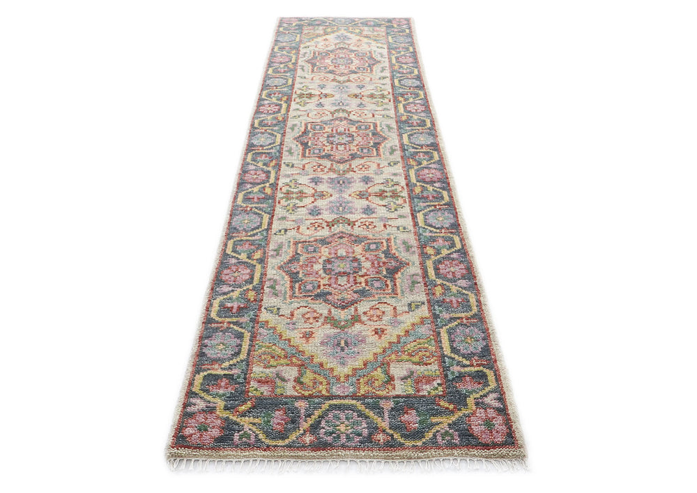2'6x10 Beige, Slate, Gold Color Hand Knotted Oushak Wool Traditional Oriental Rug