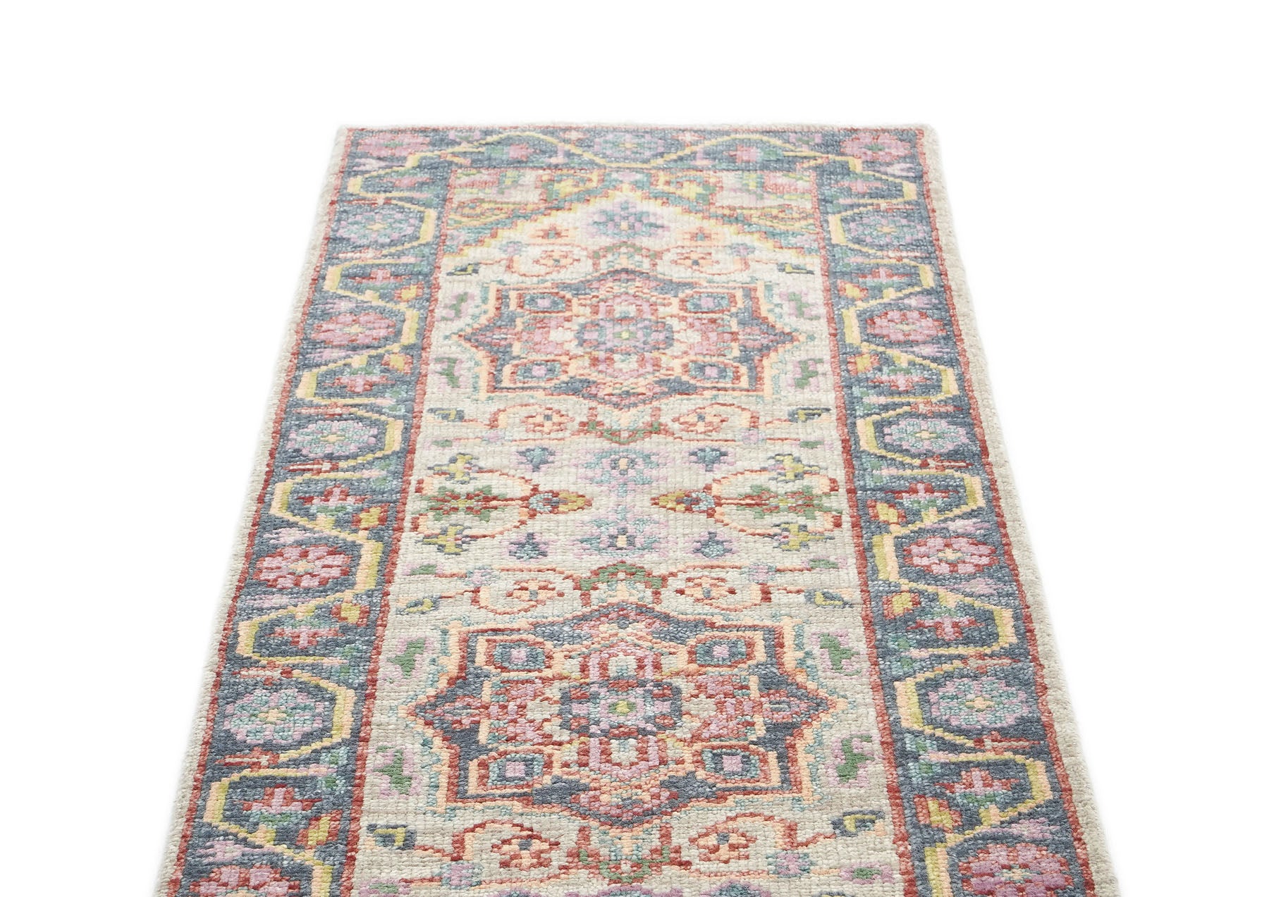 2'6x10 Beige, Slate, Gold Color Hand Knotted Oushak Wool Traditional Oriental Rug