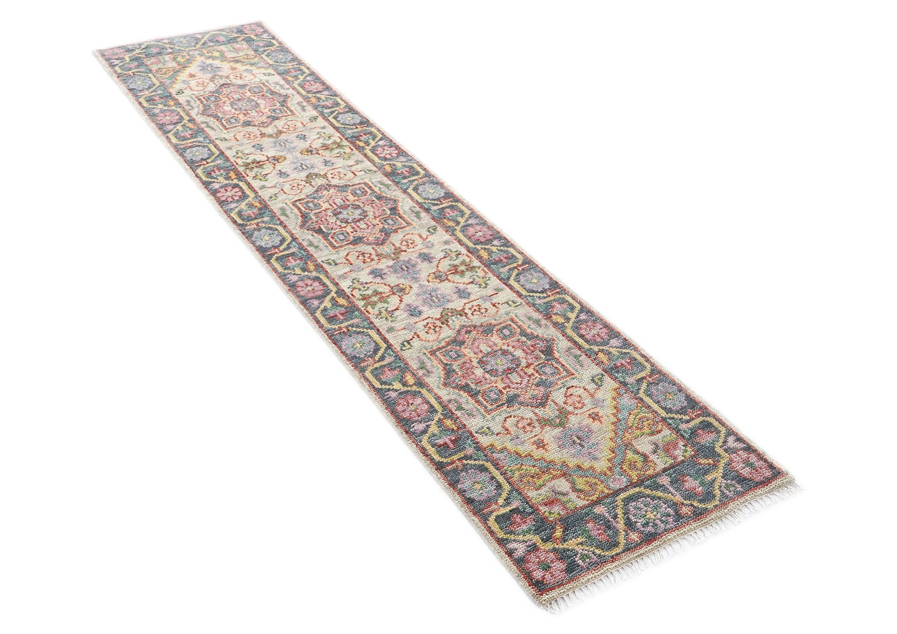 2'6x10 Beige, Slate, Gold Color Hand Knotted Oushak Wool Traditional Oriental Rug
