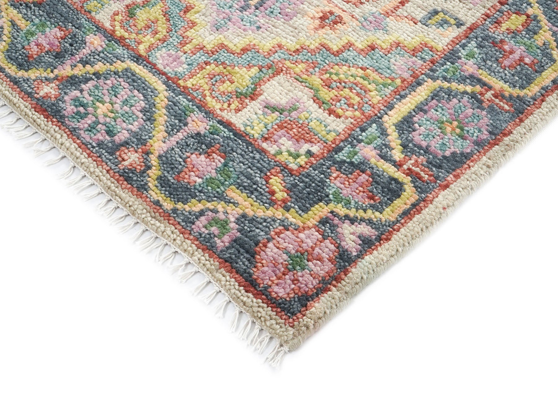 2'6x10 Beige, Slate, Gold Color Hand Knotted Oushak Wool Traditional Oriental Rug