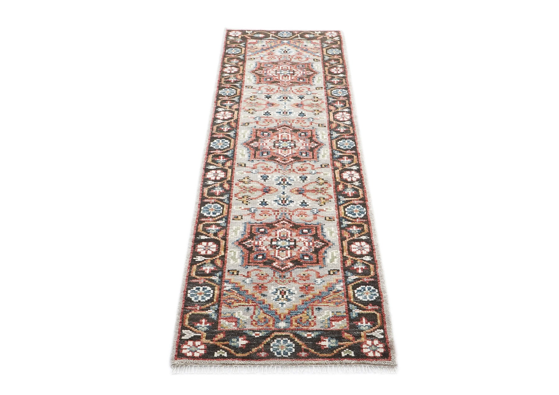 2'6x10 Gray, Rust, Ivory Color Hand Knotted Oushak Wool Traditional Oriental Rug