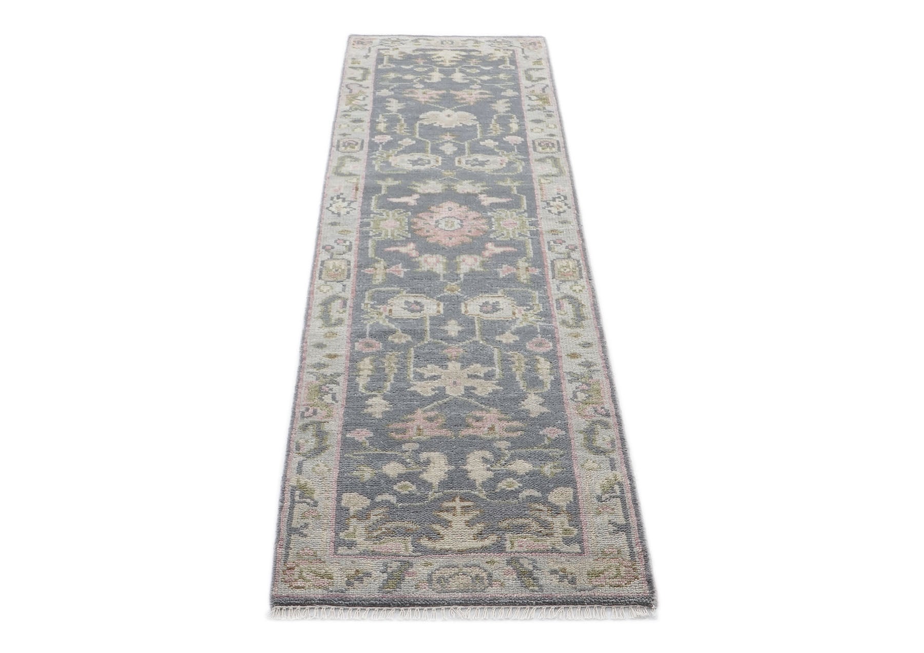 2'6x10 Slate, Gray, Sage Color Hand Knotted Oushak Wool Transitional Oriental Rug