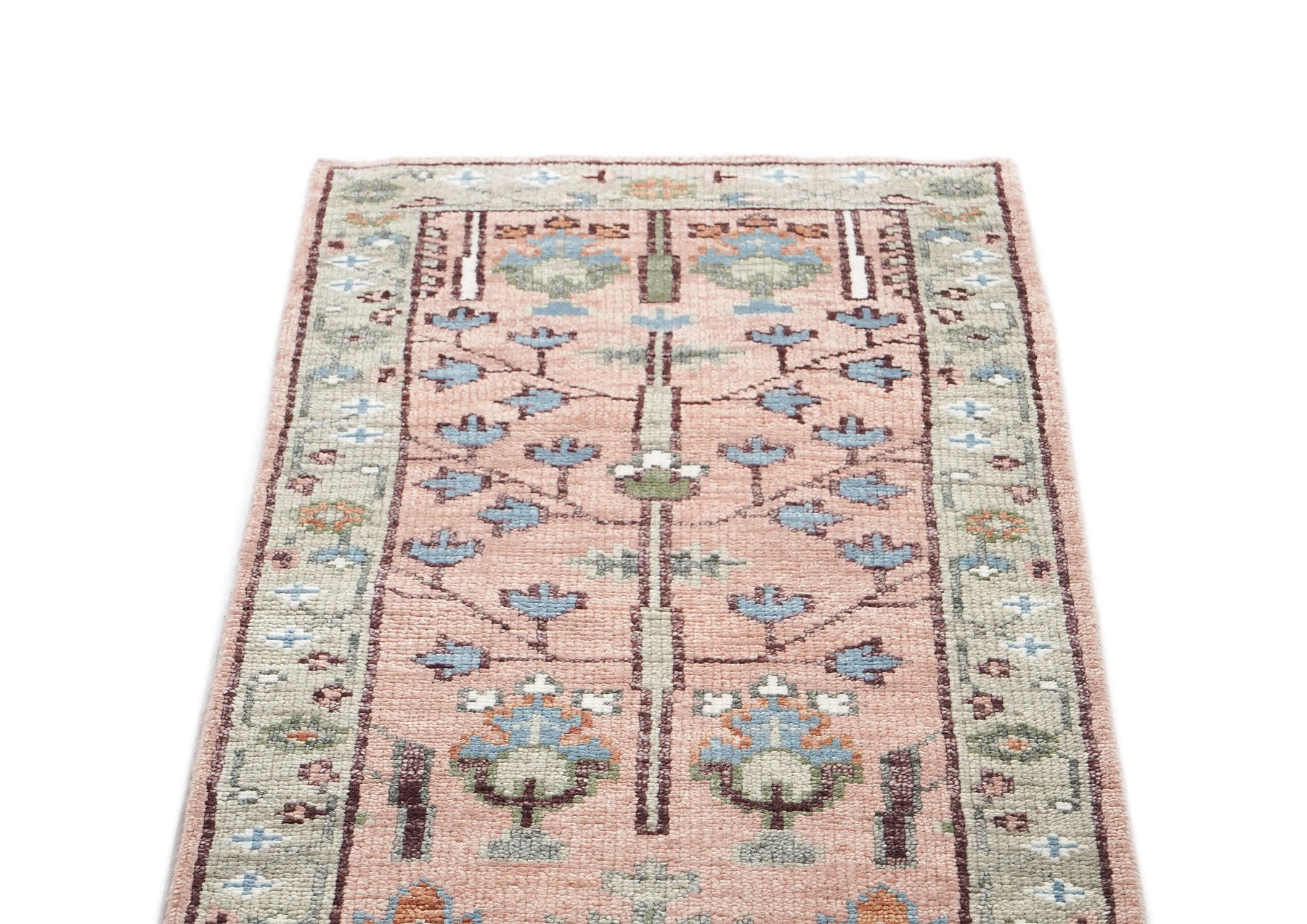 2'6x8 Blush, Gray, Blue Color Hand Knotted Oushak Wool Transitional Oriental Rug