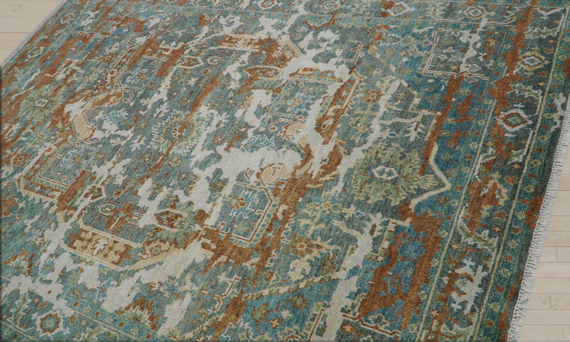 8x10 Beige, Rust, Aqua Color Hand Knotted  100% Wool Transitional Oriental Rug
