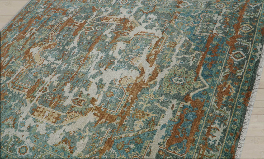 8x10 Beige, Rust, Aqua Color Hand Knotted  100% Wool Transitional Oriental Rug