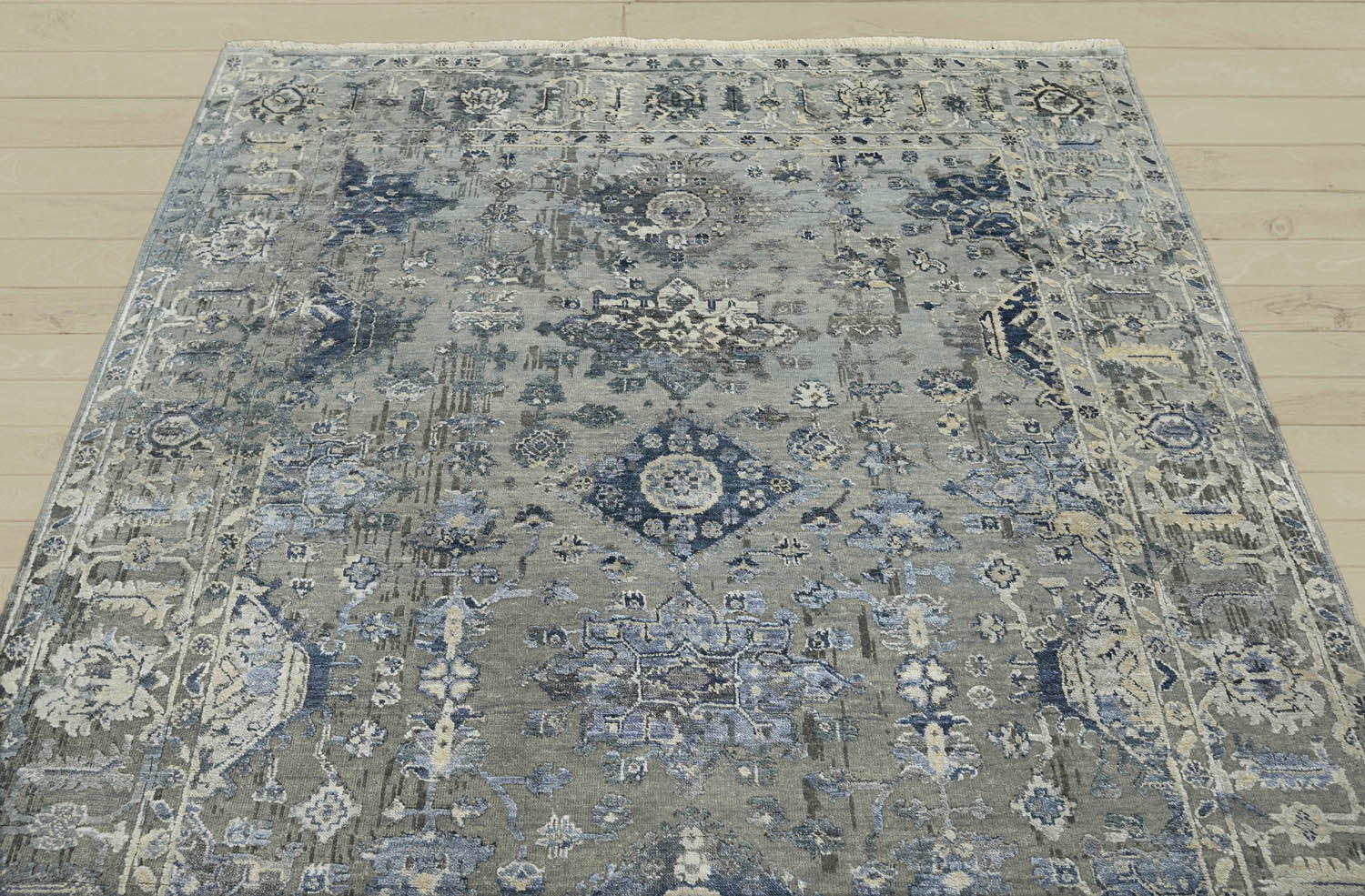 6x9 Gray, Blue, Beige Color Hand Knotted Oushak Wool Traditional Oriental Rug