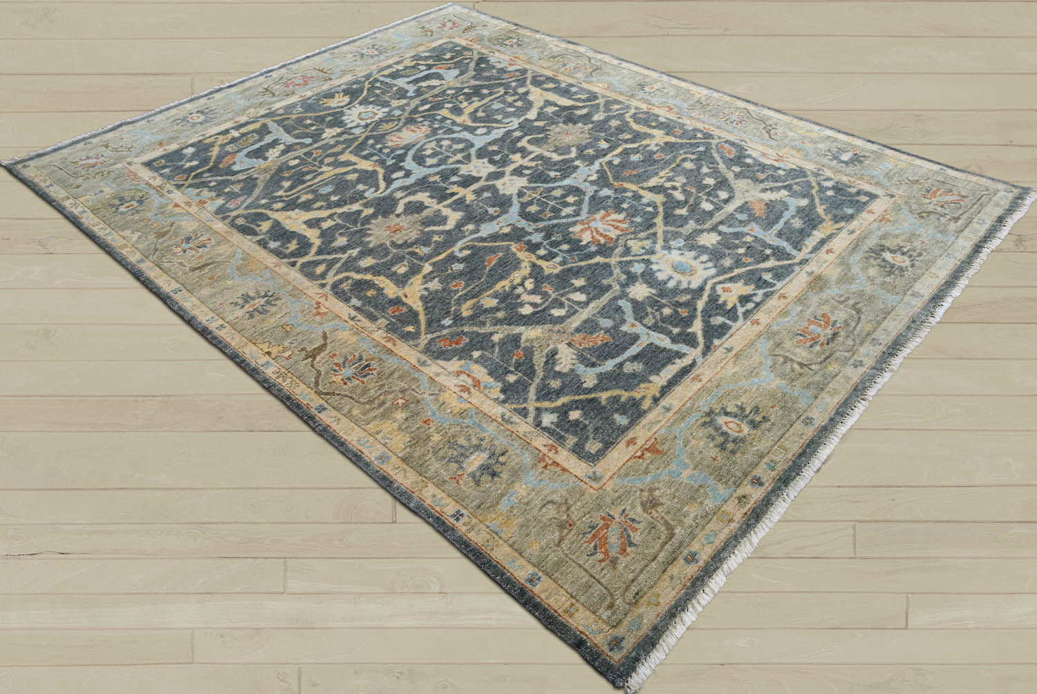 Multi Size Blue Moss Ivory Color Hand Knotted Oushak Wool Traditional Oriental Rug