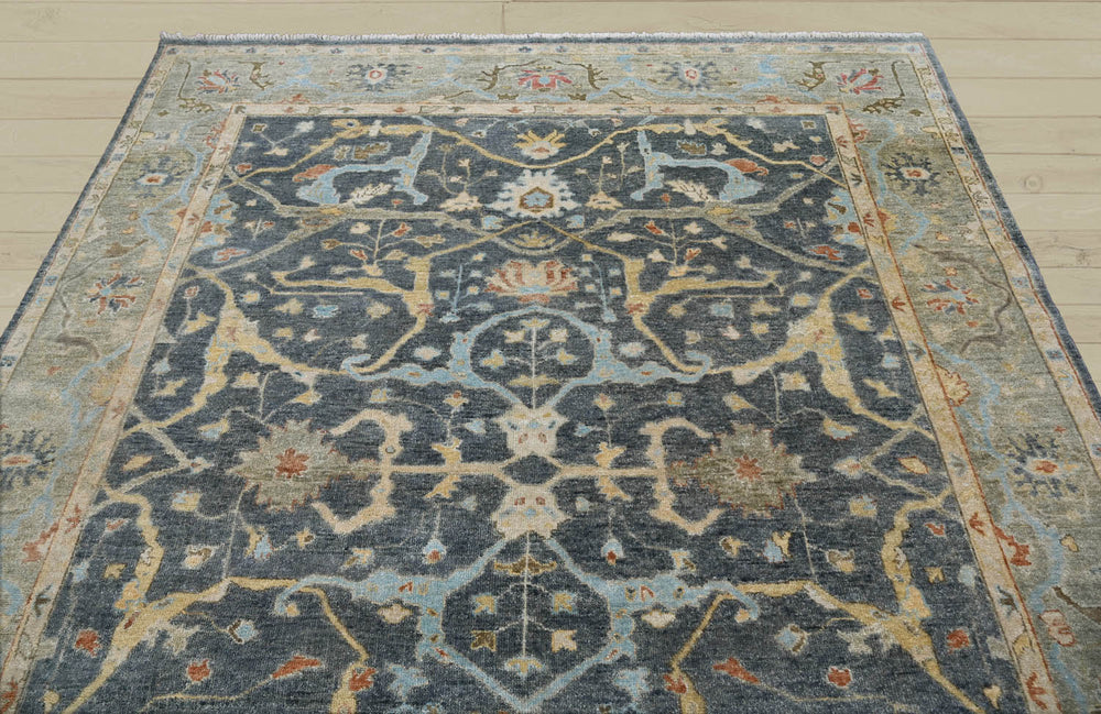 Multi Size Blue Moss Ivory Color Hand Knotted Oushak Wool Traditional Oriental Rug