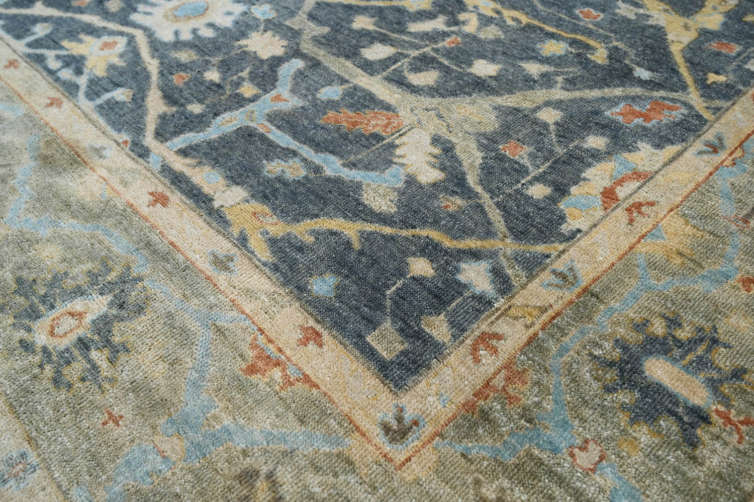 Multi Size Blue Moss Ivory Color Hand Knotted Oushak Wool Traditional Oriental Rug