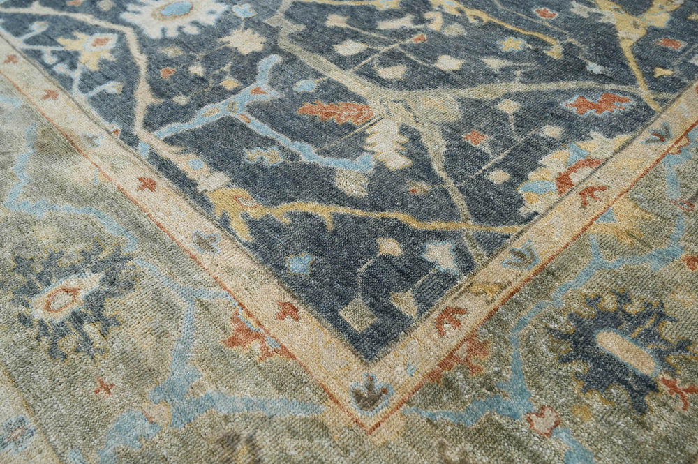 Multi Size Blue Moss Ivory Color Hand Knotted Oushak Wool Traditional Oriental Rug