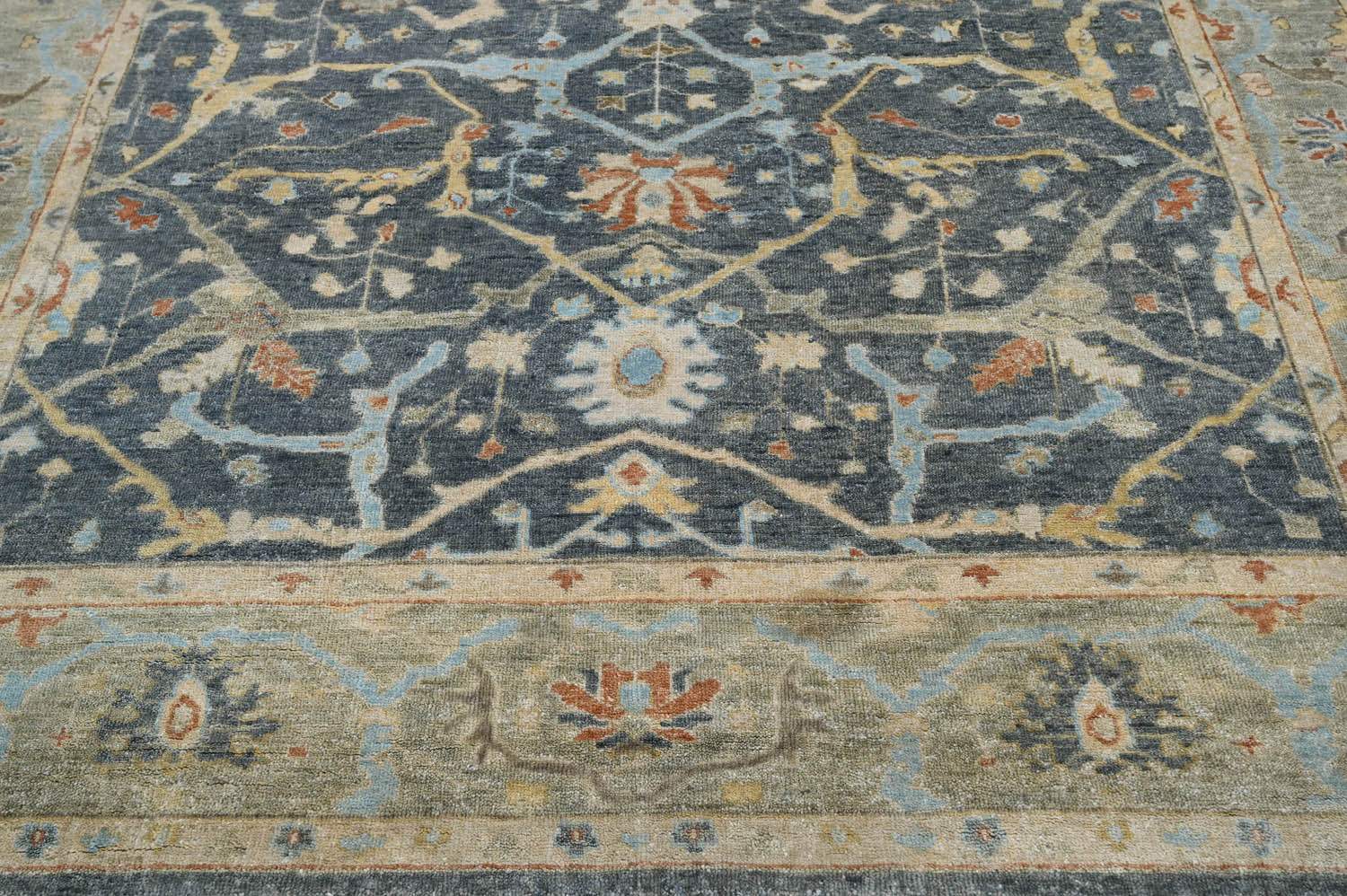 Multi Size Blue Moss Ivory Color Hand Knotted Oushak Wool Traditional Oriental Rug